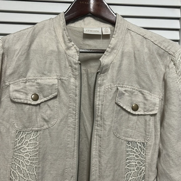 Chico's Lightweight Neutral linen Jacket with Lace/crochet look detail - Picture 2 of 6